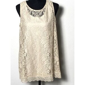 Women's Shell Top Simontons Says Beige Tan Lacey Top with Under Shell Size L